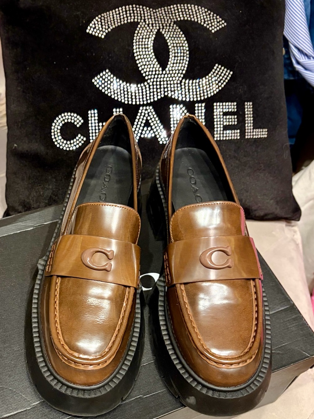 Coach women Brown Leather Penny Loafers with Black Soles-authentic